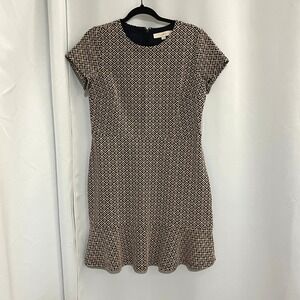 LOFT Petites Navy Blue Geometric Textured Knit Flounce Shift Dress Sz 10P Office